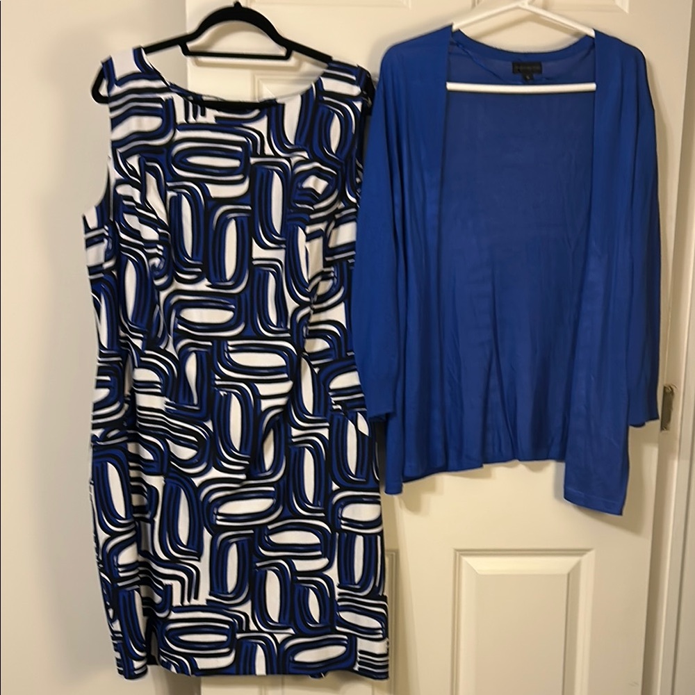 Alyx Blue and White Patterned Sheath Dress with BONUS Worthington Blue Cardigan